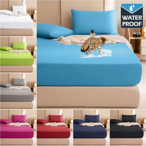 100 Waterproof Mattress Covers Protector Adjustable Non slip Bed Fitted Sheet With Elastic Band for Queen 4 Ensure your mattress stays clean and dry with our Adjustable Non-Slip Waterproof Mattress Topper. Featuring a 100% waterproof design and elastic band with adjustable fit for queen and king beds in various sizes.