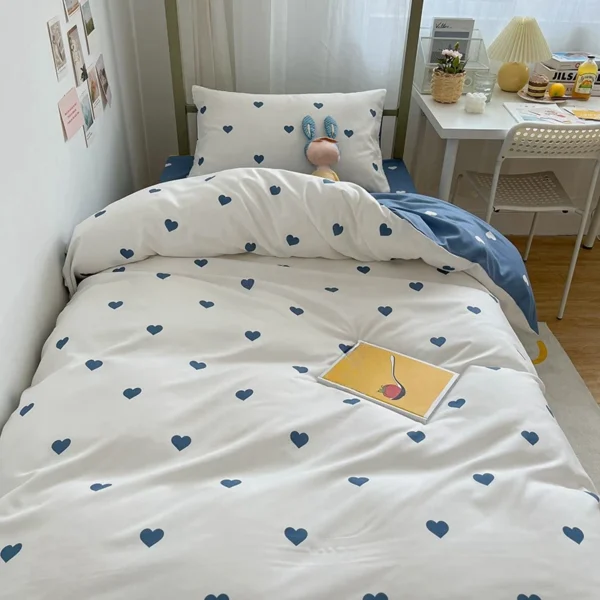 Student Dormitory Three Piece Set Love Printed Quilt Cover Household Bed Sheet Set Skin Friendly Soft 4 Enhance your student dorm with this charming three-piece bedding set. Featuring a love-printed quilt cover and soft bed sheets, it's designed for comfort and style.