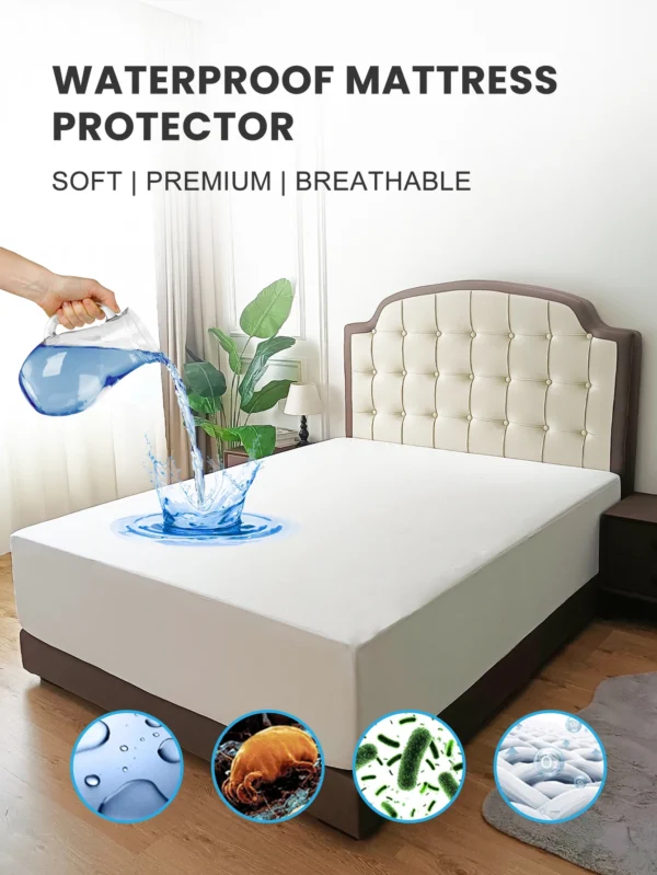 Waterproof Mattress Protector Soft Washable Breathable Fitted Sheet Mattress Pad Cover for Home Full Queen King Protect your mattress with our Soft Waterproof Mattress Protector. This breathable fitted sheet-style cover is washable and available in sizes suitable for full, queen, and king beds, ensuring reliable protection and comfort for your home.