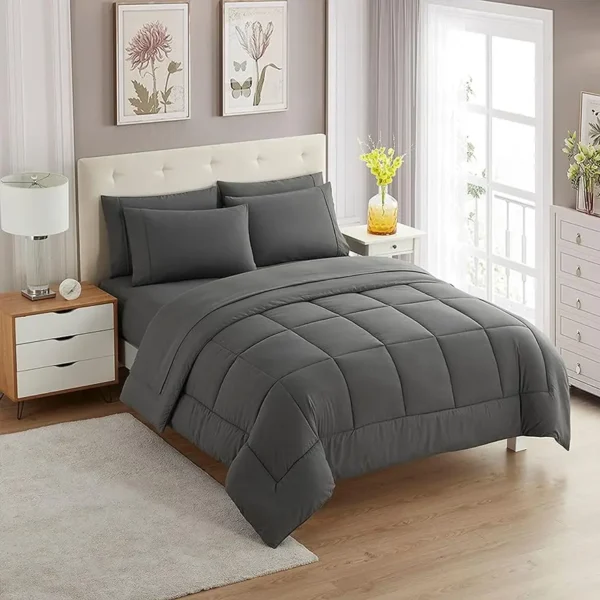 7 Piece Comforter Set Bag Solid Color All Season Soft Down Alternative Blanket Luxurious Microfiber Bed Enhance your bedding with our 7 Piece Comforter Set Bag in Solid Gray. Featuring a soft down alternative blanket and luxurious microfiber bed sheets, this set offers comfort and style for all seasons. Elevate your sleep space effortlessly.